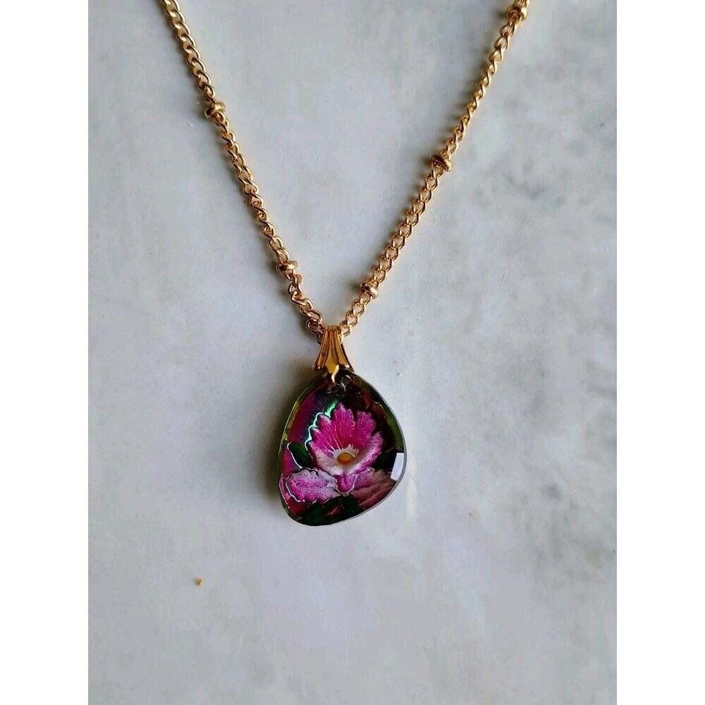 Vintage Iridescent Reverses Carved Lucite Orchid Pendant Gold Chain Necklace